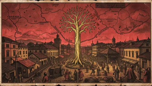 A mystical, old map-like illustration of Kolkata with an ancient "golden tree" symbol, overlayed with elements depicting a historical, bustling, and somewhat secretive district under a red-hued sky.