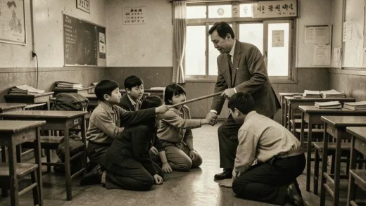 A nostalgic 1990s Korean classroom scene showing students kneeling on the floor being hit with a wooden stick by a teacher, vintage school interior with wooden desks, muted sepia tones, emotional and somber atmosphere