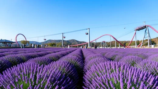 A panoramic view of Mureung Byeol Yucheonji in Donghae, South Korea, with vast fields of vibrant purple lavender in full bloom under a clear blue sky. In the background, people are enjoying a zipline and alpine coaster. The image should convey a sense of peaceful beauty and exciting activity.