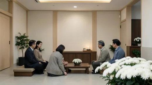 A peaceful and minimal Korean funeral hall setting with only family members present, soft lighting, white chrysanthemums, quiet atmosphere, no visitors, modern Korean style, emotional yet serene mood