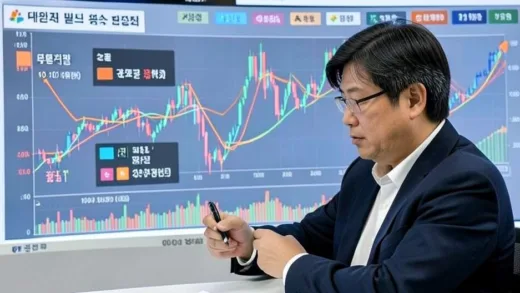 A person carefully dividing 100 million Korean Won into different investment categories, representing asset allocation. There is a backdrop of a diverse financial market with growth charts and risk indicators. The person is making thoughtful decisions, not impulsively buying a single stock.
