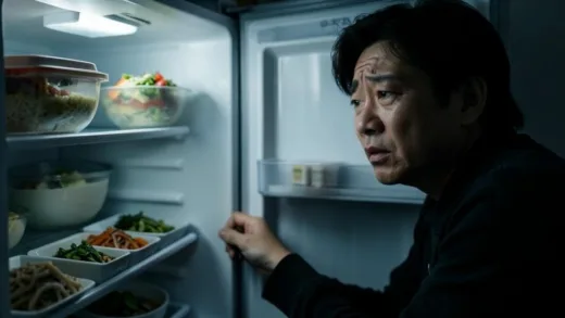 A person cautiously opening a refrigerator, with a subtle look of concern on their face, surrounded by common Korean side dishes inside the fridge. The lighting is slightly dramatic to emphasize the "shocking truth."
