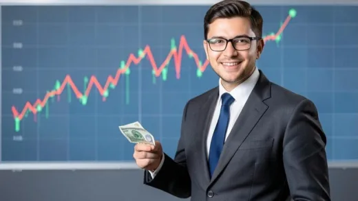A person confidently holding a government bond certificate, with a secure financial graph in the background, symbolizing trust and stability.