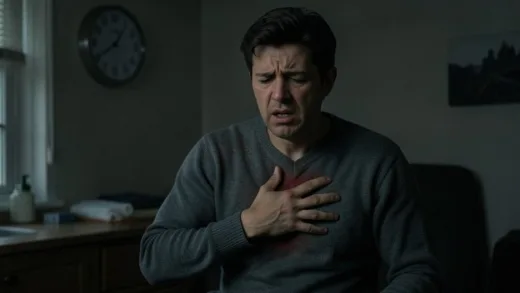 A person experiencing a sudden chest pain while alone at home, looking distressed but trying to stay conscious. The scene is dimly lit, suggesting early morning hours. There is a clock showing 4 AM. The person is reaching for their chest. High detail, realistic, mobile-optimized.