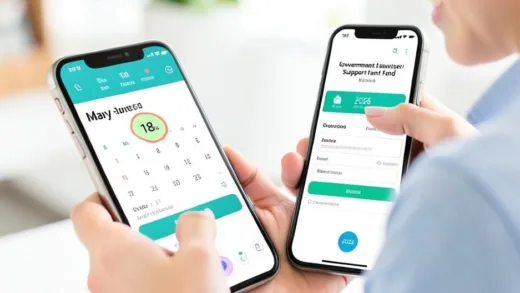 A person happily filling out an online application form for a government support fund, with a calendar showing May 18th highlighted, on a mobile phone interface, bright and clean design, 2026 year visible.