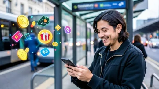 A person happily looking at their smartphone while waiting at a bus stop, with digital coins and gift card icons floating around the screen, vibrant and modern style.