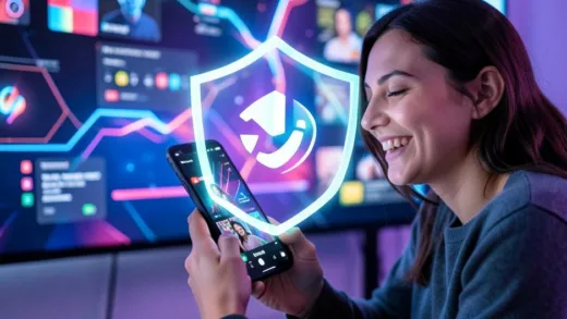 A person happily watching a YouTube video on a mobile phone, with a protective shield icon overlayed, representing safety and security from AI content issues. The background is a vibrant, modern digital interface.