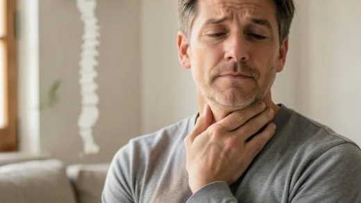 A person in their 30s, looking slightly tired but determined, gently touching their neck. Behind them, a subtle outline of a spinal column is visible, highlighting the neck area. The setting is a cozy, well-lit room, implying recovery and reflection.