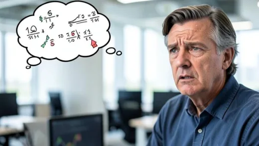 A person in their 40s or 50s looking at a complex financial chart with a worried expression, a thought bubble above their head showing abstract money calculations. The background is a modern, slightly blurred office setting, emphasizing the need for financial planning.