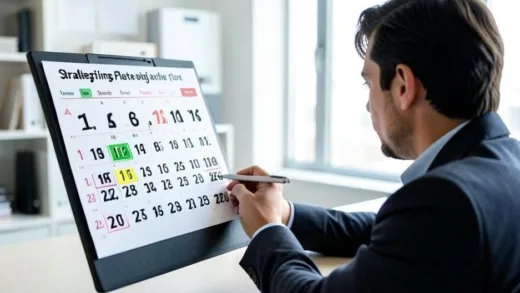 A person looking at a calendar with dates highlighted, holding a pen, symbolizing strategic planning for an application deadline, in a modern, well-lit office.