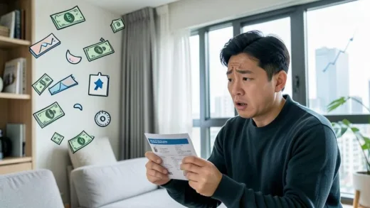 A person looking at a health insurance bill with a confused expression, surrounded by graphs and money symbols, set in a modern Korean city apartment.