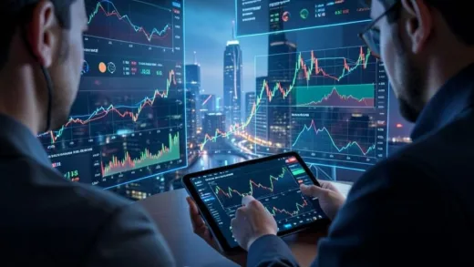 A person looking at multiple complex financial charts related to semiconductor ETFs on a tablet, surrounded by data visualizations and a futuristic cityscape, reflecting a strategic investment decision.