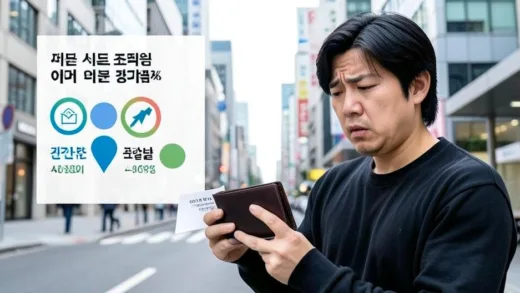 A person looking perplexed at an empty wallet and a bank statement showing declining balance, with an abstract infographic in the background showing high household debt percentage, modern Korean urban setting, mobile optimization.