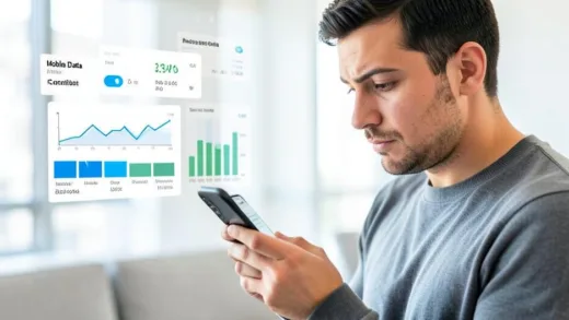 A person looking thoughtfully at their smartphone screen, with data usage charts and graphs floating around, representing mobile data consumption analysis. The setting is bright and modern.