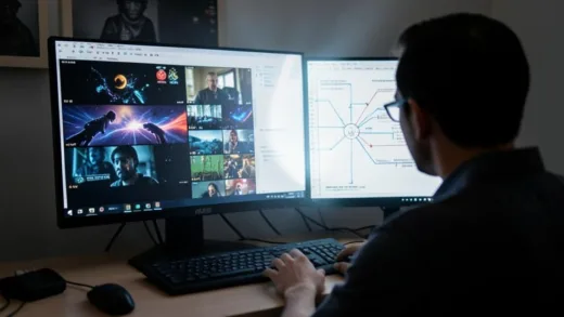 A person, seen from behind, sitting in front of a computer screen displaying various AI-generated video clips and a complex workflow diagram, with light radiating from the screen. The person is thoughtfully interacting with the computer.