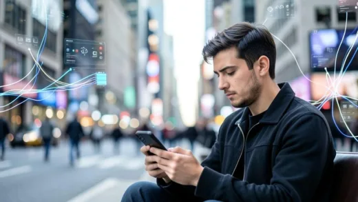 A person sitting alone in a bustling city, looking at their phone with a thoughtful expression, surrounded by many digital connections but feeling a sense of solitude. The background is slightly blurred to emphasize the individual. Modern, clean aesthetic.