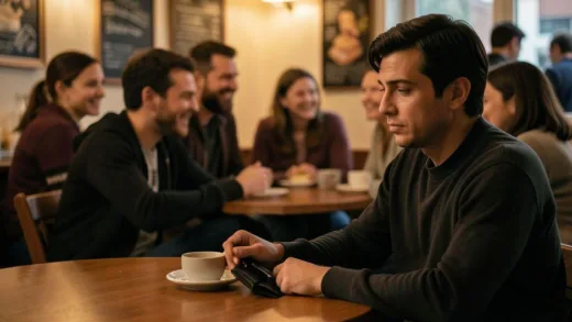A person sitting at a dinner table looking thoughtful while reaching for their wallet, other friends chatting happily in the background, soft warm lighting, realistic cafe interior, slightly melancholic but warm atmosphere