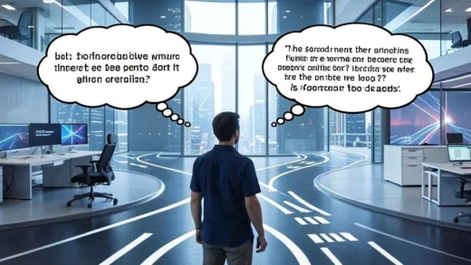 A person standing at a crossroads, looking at different paths, with thought bubbles showing career-related questions, set in a modern, slightly futuristic office environment.