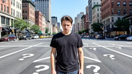 A person standing at a crossroads, looking confused, with multiple paths ahead, representing decision paralysis. The paths are labeled with question marks. City background, sunny day.