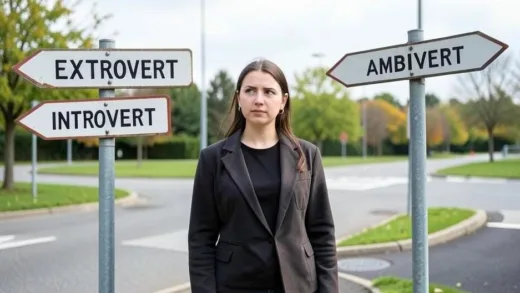 A person standing at a crossroads, with signs pointing to "Extrovert," "Introvert," and a unique, less-traveled path labeled "Ambivert." The person looks thoughtful and independent, surrounded by a subtle aura of uniqueness. The setting is modern and friendly, with a hint of nature.