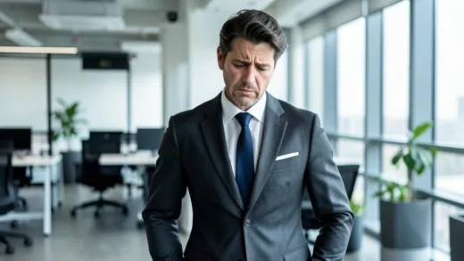 A person standing confidently in a business suit but with a subtle expression of exhaustion and stress, in a modern office setting. The image should convey internal struggle despite external success.