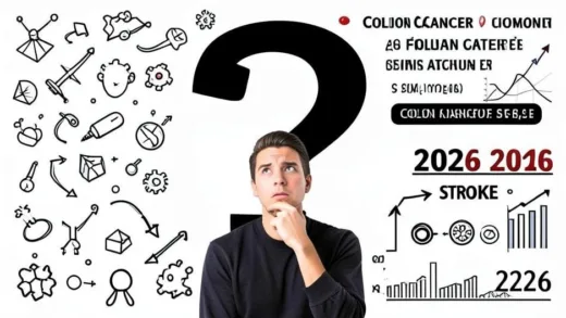 A person standing in front of a giant question mark, looking puzzled, surrounded by abstract medical symbols and data visualizations, depicting the shocking statistics of colon cancer and stroke in 2026.