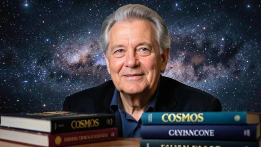 A portrait of Carl Sagan with a galaxy in the background, a stack of "Cosmos" books in the foreground, inspiring scientific discovery.