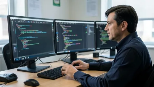 A professional workspace where a human expert sits at a desk analyzing AI-generated outputs on multiple screens, choosing and rejecting options with a thoughtful expression, symbolizing human judgment and basic skills in the AI era
