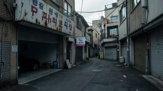 A quiet neighborhood alley in Seoul with a closed car repair shop, rusty sign hanging, empty parking lot, and a 'For Lease' banner, melancholic urban atmosphere, photorealistic style