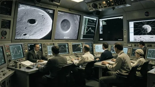 A realistic photograph of the NASA Mission Control center in the 1960s-70s era, with large screens displaying lunar surface images, engineers monitoring data, and a sense of historical importance, vintage documentary style.