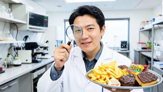 A researcher in a lab coat holding a magnifying glass over various popular Korean snacks like potato chips and chocolate pies, with a backdrop of a modern food research lab.