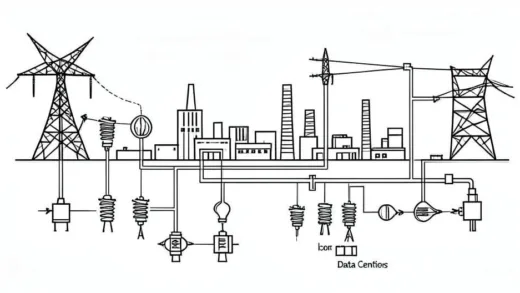 A schematic drawing showing electricity flowing from a power plant to a city, factories, and data centers. Various electrical components like insulators, transformers, and connectors are subtly highlighted along the path. The overall feeling is one of robust, unseen infrastructure.