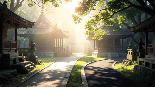 A serene Buddhist temple scene with two paths diverging, one bright and one dark, symbolizing good and bad spiritual companions, with soft morning light filtering through trees.