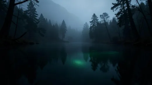 A serene, dark lake seen from a low angle, with a sense of immense depth and mystery. A misty atmosphere, ancient trees silhouetted, and a subtle glowing light from the water's depths.
