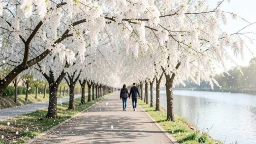 A serene pedestrian pathway lined with white blooming fringe trees (Ipapnamu) in spring. White petals are gently falling like snow. A couple is walking hand in hand in the distance, bathed in soft sunlight. The pathway is beside a calm river.