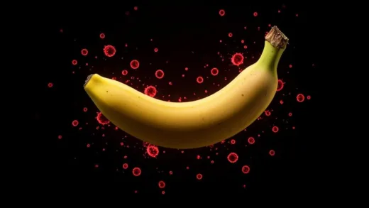 A single yellow Cavendish banana on a dark background, with microscopic pathogen particles glowing red around it, cinematic lighting, dramatic atmosphere, photorealistic style