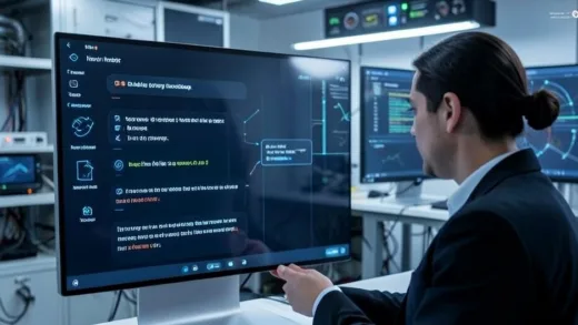 A sleek, modern AI interface displaying a natural conversation with a human, with subtle indicators of real-time understanding and rapid response. The background shows a visionary tech lab.