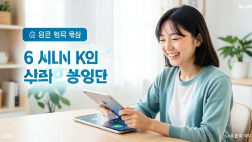 A small business owner happily managing an online store on a tablet, with a digital overlay showing 6 million KRW support, bright and optimistic, 2026, Korean style.