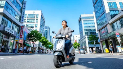 A small business owner happily riding a modern electric delivery scooter through a vibrant city street in Cheongju, with a clear blue sky and contemporary buildings in the background, daytime, professional photography.