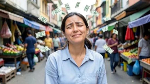 A small business owner looking relieved and hopeful, with money symbols floating around, representing financial assistance. The background shows a bustling but stable market street.