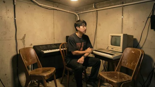 A small, humble basement music studio in Seoul, with a young entrepreneur, Han Junhyuk, looking determined. There are two old chairs, an electronic keyboard, and an old computer. Soft, warm lighting.