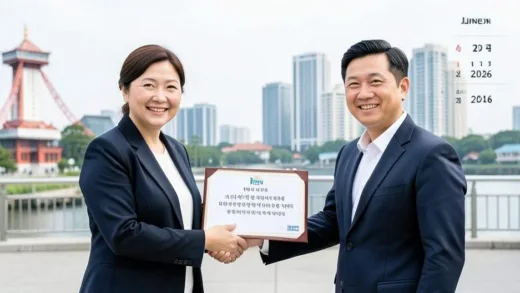 A smiling small business owner in Bucheon City receiving a special guarantee certificate, with a handshake from a friendly city official, a subtle background of city landmarks and a calendar showing June 2026.