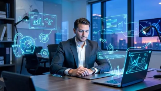 A solo entrepreneur sitting at a modern desk, surrounded by holographic, glowing AI agents representing different specialties like marketing, development, and design, all working collaboratively. Futuristic and vibrant office setting.