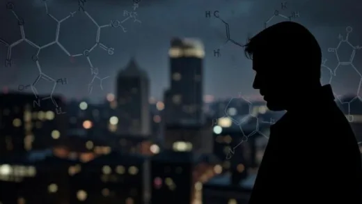A somber image of a blurred American cityscape at night, with a subtle overlay of chemical structures and a silhouette of a person representing the opioid crisis. The mood is serious and urgent, reflecting a societal issue.