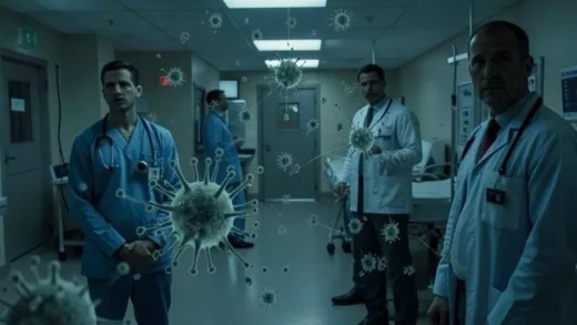 A somber, slightly alarming image depicting invisible antibiotic-resistant bacteria spreading through a modern hospital, with medical staff looking concerned. The atmosphere is quiet but subtly threatening.