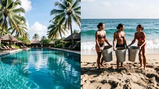 A split image showing a luxurious resort swimming pool with palm trees on one side, and women in the ocean carrying heavy buckets of sand on an eroded beach on the other side. Tropical but harsh, depicting stark contrast.