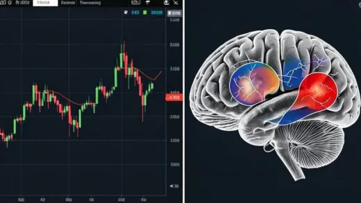 A split image showing a stock market chart on one side and a human brain with highlighted emotional centers on the other, representing the connection between stock investing and psychology