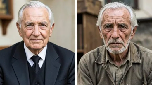A split image showing an elderly, well-dressed, healthy-looking man on one side and an older, worn-out man with signs of hardship on the other, symbolizing a significant life expectancy difference.