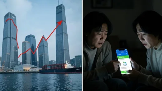A split screen showing two contrasting scenes: left side shows rising GDP graph with skyscrapers and export ships, right side shows a worried Korean family looking at their smartphone with a delivery app showing increased prices, dim lighting, realistic style