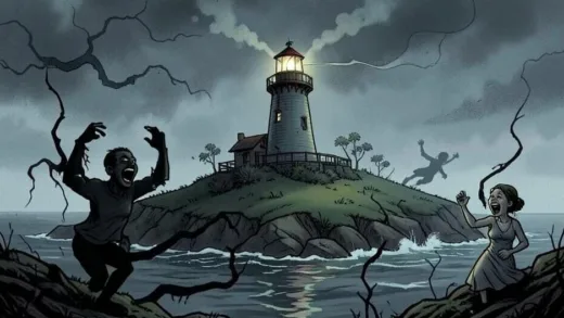 A spooky yet humorous illustration of a remote, fog-shrouded island with a lighthouse, where eerie shadows dance alongside laughing figures, hinting at a blend of horror and comedy.